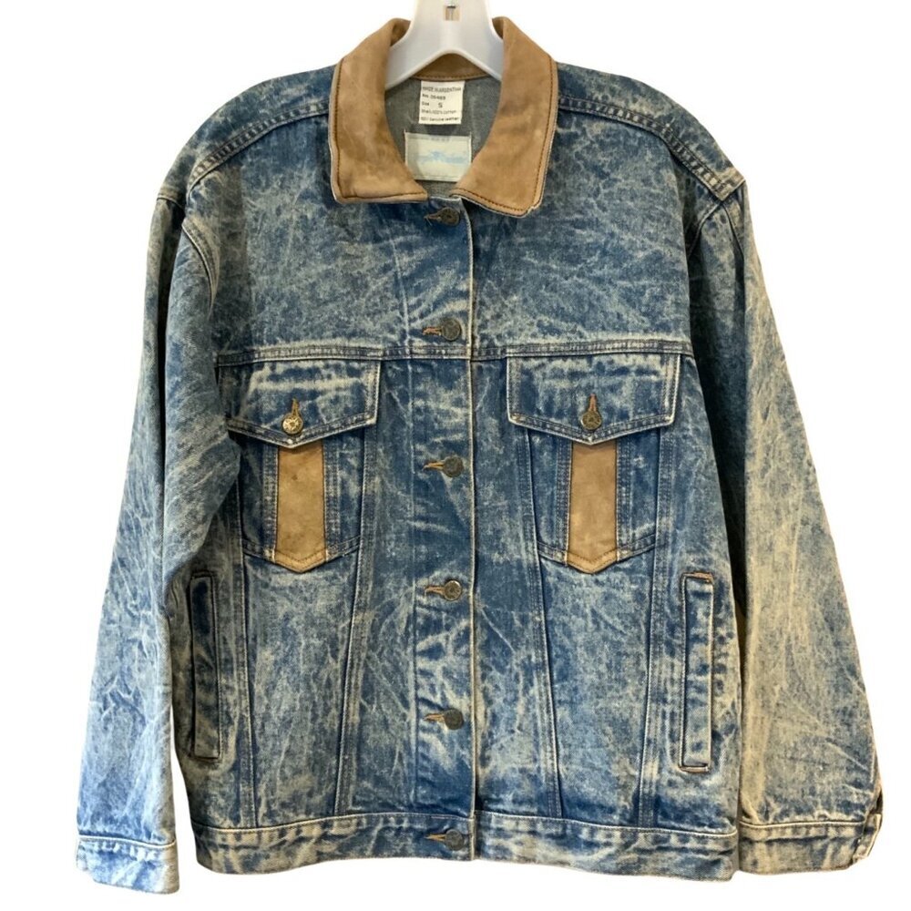 Sergio Valente Acid-Wash Denim Jacket Genuine Leather Trim Argentina Size Small